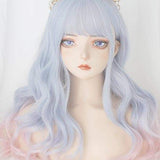 Hivava Aqua Blue Gradient Neat Bang Long Curly Wig