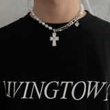 Hivava HALF PEARL HALF DOUBLE CHAIN CROSS NECKLACE