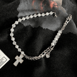 Hivava HALF PEARL HALF DOUBLE CHAIN CROSS NECKLACE