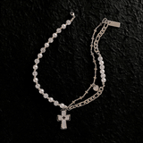 Hivava HALF PEARL HALF DOUBLE CHAIN CROSS NECKLACE