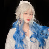 Hivava White Blue Mixed Large Wavy Long Curly Wig