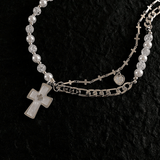 Hivava HALF PEARL HALF DOUBLE CHAIN CROSS NECKLACE