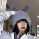 Hivava Winter Warm Korean Version of Japanese Hat Draping Rabbit Ears Rabbit Fur Hat Women Autumn and Winter Knitted Wool Hat