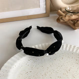 Hivava  -  Winter Solid Velvet Bezel Women Girl Broadside Hair Bands  Pearl Cross Headband Hair Hoop Fashion Black Leather Braided Hairband