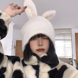 Hivava Winter Warm Korean Version of Japanese Hat Draping Rabbit Ears Rabbit Fur Hat Women Autumn and Winter Knitted Wool Hat