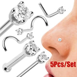 Hivava  5PCS Surgical Steel Zircon Gem Bone Nose Stud Piercing Earring Anodized Gold Silver Color Nose Ring Prong Nose Body Jewelry