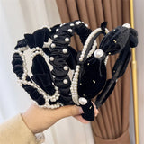 Hivava  -  Winter Solid Velvet Bezel Women Girl Broadside Hair Bands  Pearl Cross Headband Hair Hoop Fashion Black Leather Braided Hairband