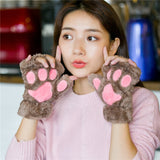 Hivava 1Pair Women Girl Lovely Bear Plush Cat Paw Claw Gloves Winter Faux Fur Cute Kitten Fingerless Mittens Christmas Halloween Gloves