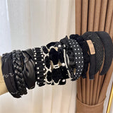 Hivava  -  Winter Solid Velvet Bezel Women Girl Broadside Hair Bands  Pearl Cross Headband Hair Hoop Fashion Black Leather Braided Hairband