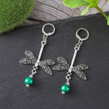 silver bracelet with dangling beads Retro Green Gemstone Dragonfly Pendant Earrings Fashion Ethnic Style Animal Tassel Earrings for Women