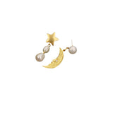 gold 925 Silver Needle Ins Niche Asymmetric Star Moon Earrings Fashionable Personalized Design Pearl Earrings