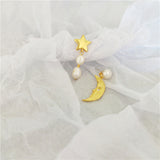 gold 925 Silver Needle Ins Niche Asymmetric Star Moon Earrings Fashionable Personalized Design Pearl Earrings