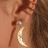 gold 925 Silver Needle Ins Niche Asymmetric Star Moon Earrings Fashionable Personalized Design Pearl Earrings