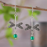 silver bracelet with dangling beads Retro Green Gemstone Dragonfly Pendant Earrings Fashion Ethnic Style Animal Tassel Earrings for Women