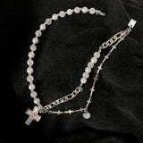 Hivava HALF PEARL HALF DOUBLE CHAIN CROSS NECKLACE