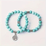 silver bracelet with dangling beads Bracelet Supply 8mm Turquoise Bracelet Two-Piece Set Wisdom Tree Bracelet Bracelet