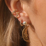 gold 925 Silver Needle Ins Niche Asymmetric Star Moon Earrings Fashionable Personalized Design Pearl Earrings