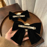 Hivava  -  Elegant Black Velvet Camellia Hair Clip Rhinestone Bowknot Spring Clip Women Korean Hair Styling Barrettes Ribbon Bow Hairpins