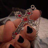 Hiava  -  Large Gothic Cross Drill Pendant Jewelry Necklace Silver Color Red Tone Punk Jewellery Fashion Charm Statement Women Gift