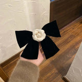 Hivava  -  Elegant Black Velvet Camellia Hair Clip Rhinestone Bowknot Spring Clip Women Korean Hair Styling Barrettes Ribbon Bow Hairpins