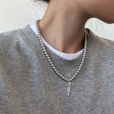 Hivava  -  Vintage Grey Pearl Bowknot Pendant Necklace For Women Girl Elegant Sweet Beaded Clavicle Chain Necklace Wedding Jewelry Gift