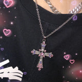 Hivava  -  Gothic Pink Cross Necklace Y2K Purple Zircon Punk Pendant Necklace Grunge Heart Cross Necklace for Women Jewelry Accessories