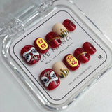 Hivava  10PCS/Set Chinese Style Fake Oval Fake Nails Cute Lion And Chinese Character Design Full Cover New Year Nail Art Set For Women