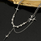 Hivava  -  Kpop Zircon Cross Star Beaded Necklace Men Imitation Pearl Star Pendant Necklaces Y2K Hiphop Star Tassel Choker Necklace Unisex