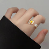 Hivava Korean Daisy Flower Open Ring For Women Girl Fashion Imitation Pearl Cuff Ring Wedding Party Girlfriends Jewelry Gifts