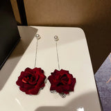 Hivava Dominated Big Rose Tassel Drop Earrings for Women Temperament Red Flower Simulated Pearl Earrings Girls Wedding Party Jewelry