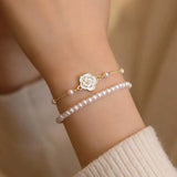 Hivava  -  Vintage White Camellia Flower Bracelets For Women Elegant Double Layer Simulated Pearl Beads Chain Bracelet Jewelry Trend