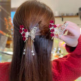 Hivava  -  Butterfly Tassel Pearl Hair Claw Red Flower Festival Hairpin For Girls Ponytail Hair Clips Crab Women Fashion Accessories Gifts