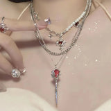 Hiava  -  Double Layer Red Zircon Rose Pendant Necklace Y2K Layered Flower Stone Chain Necklaces Irregular Floral Aesthetic Egirl Necklace