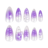 Hivava 24pcs 3D Butterfly Fake Nail Patch Halo Dyed Gradient Purple Color False Nails Shiny Almond Press on Nail Wearable Full Cover