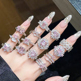 Hivava  Fashion Sakura Flower Ring Shiny Rhinestone Pink Crystal Ring Women Elegant Romantic Valentine's Day Wedding Party Jewelry Gifts