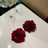 Hivava Dominated Big Rose Tassel Drop Earrings for Women Temperament Red Flower Simulated Pearl Earrings Girls Wedding Party Jewelry