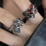 Hivava  -  Gothic Irregular Thorns Blue Red Couple Rings Punk Dark Black Hollow Texture Crystal Ring  Black Layered Rings Men Women Unisex