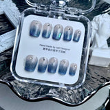 Hivava  10PC Handmade Korean Nails Press Ons With Design Reusable Adhesive Round Eye Cat Artifical Acrylic Full Cover Nail Tips For Girl