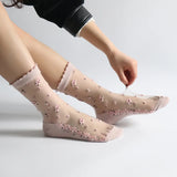 Hivava  1Pair Breathable Ultra Thin Socks Summer Women Transparent Lace Silk Crystal Rose Flower Girls Elastic Short Socks Female Sox