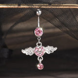 Women Surgical Steel Navel Piercing Pink Color Crystal Heart Wing Belly Button Ring Dangle Personality Body Jewelry Accessories