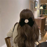 Hivava  -  Elegant Black Velvet Camellia Hair Clip Rhinestone Bowknot Spring Clip Women Korean Hair Styling Barrettes Ribbon Bow Hairpins