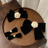 Hivava  -  Elegant Black Velvet Camellia Hair Clip Rhinestone Bowknot Spring Clip Women Korean Hair Styling Barrettes Ribbon Bow Hairpins