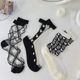 Hivava  Fashion Summer Woman Socks Casual Black White Crystal Silk Socks Women Cotton Bottom Ultra-thin Transparent Harajuku Crew Socks