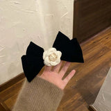 Hivava  -  Elegant Black Velvet Camellia Hair Clip Rhinestone Bowknot Spring Clip Women Korean Hair Styling Barrettes Ribbon Bow Hairpins