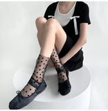 Hivava  Mesh Lace Socks Heart Print Sweet Girls Kawaii Cute Socks Women Summer Ultra-thin Transparent Black White Gray Loose Long Socks