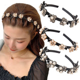 Hivava Pearl Flowers Hairpin Hairbands for Women Non-Slip Headband Rhinestones Hair Bands Clips Hairstyle Double Bangs Hair Accessories