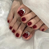 hivava Press On False Toenails Wine Red False Toenails with Rhinestones Design Women Lady Summer Feet Nail DIY Manicure Fake Toenails