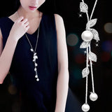 Hivava Korean Fashion Leaf Rhinestones Pearl Pendant Dangle Long Necklace Adjustable Elegant Tassel Sweater Chain Women Girl Jewelry