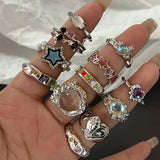 Hivava Y2K Crystal Rings Kpop Heart Adjustable Ring Irregular Geometry Punk Vintage Rings Set for Women Girls New Fashion Jewelry