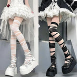 Hivava  Sexy Cross Tie Silk Stockings Fashion Black White Long Tube Socks Girl Lolita Sweet JK Women Tight Shaping Transparent Leg Sox